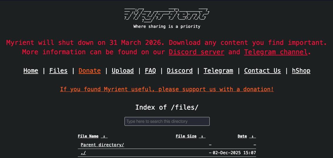 Screenshot der Myrient Erista Webseite mit der Ankündigung, das Projekt zu schließen